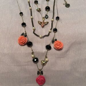 Vintage Betsey Johnson Statement Necklace with Rose Pendant and Earrings RARE